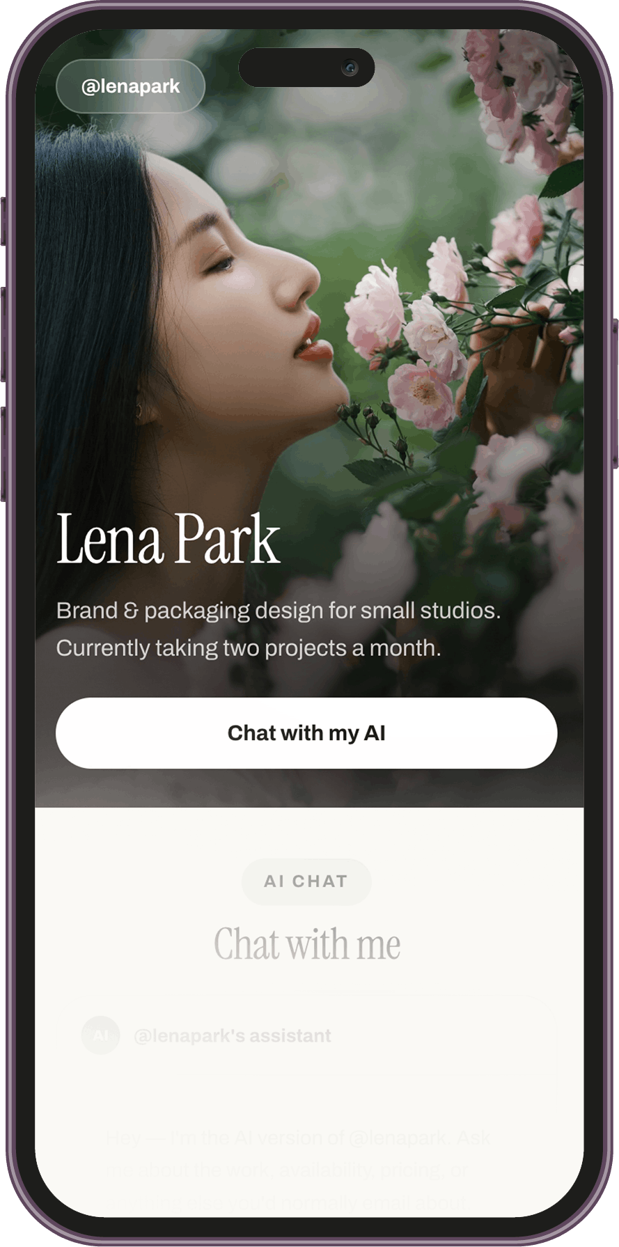 A TapDeer page on a phone, showing a photo, a name, a short bio and a chat button.